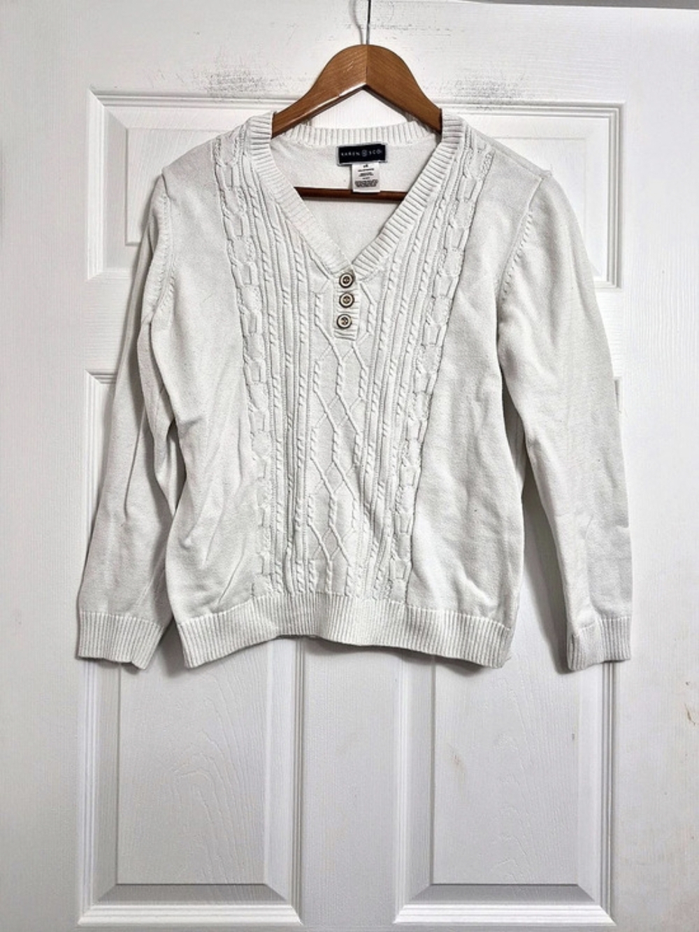 Karen Scott Cable Knit V-Neck Cotton Sweater Large